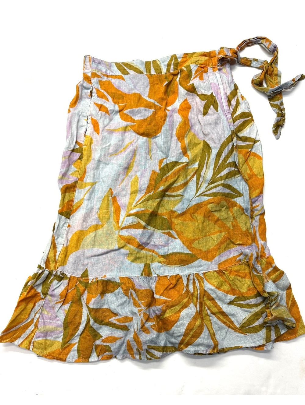 C&C California Women's 100% Linen Tropical Print Midi Skirt Faux Wrap Size M